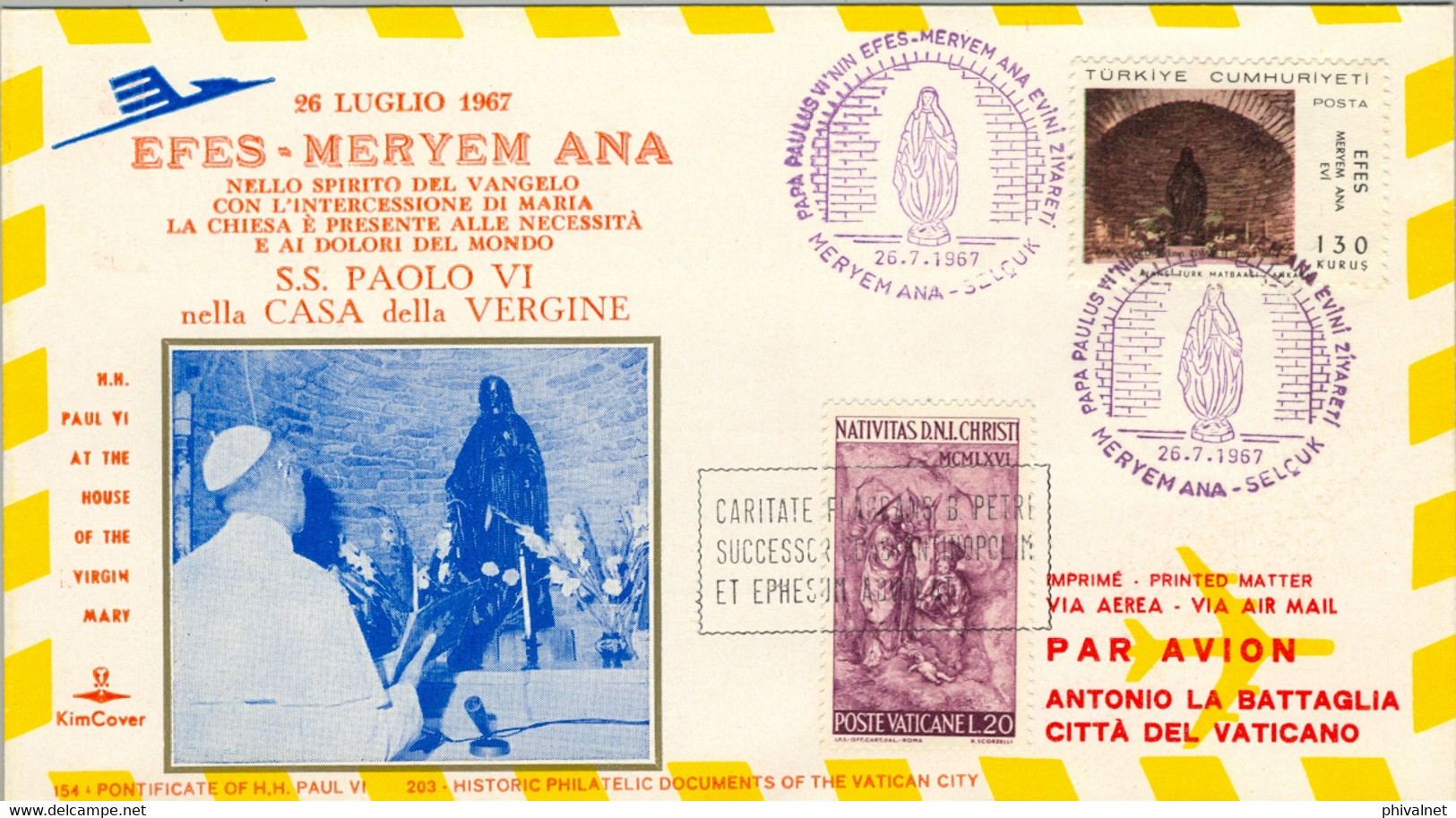 1967 VATICANO , SOBRE CONMEMORATIVO , EFES - MERYEM ANA , TURQUIA , PONTIFICADO DE PABLO VI , CORREO AÉREO - Storia Postale