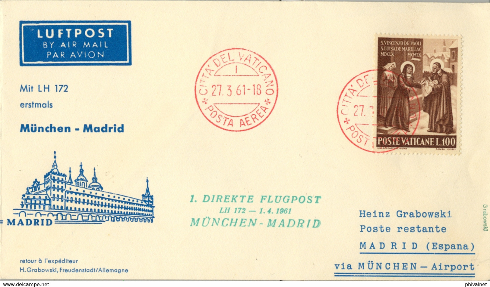 1961 VATICANO , CORREO AÉREO , DIREKTE FLUGPOST MÜNCHEN - MADRID , LLEGADA LISTA / MADRID / SEC. MAÑANA - Briefe U. Dokumente