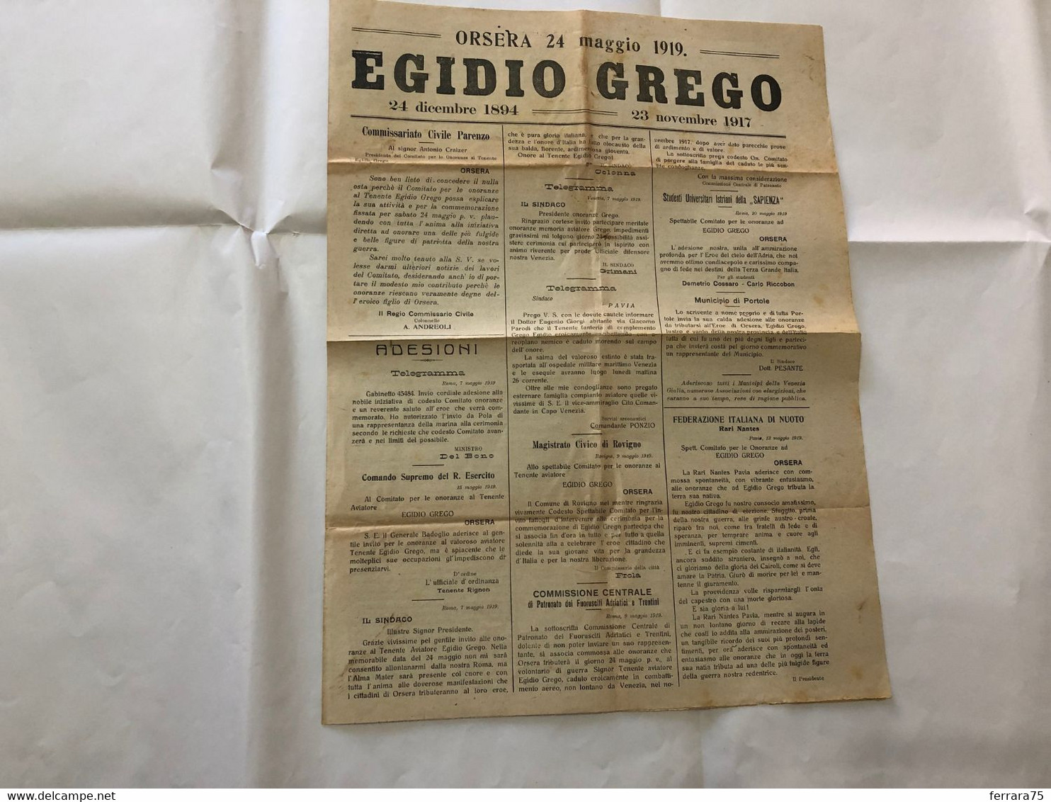 WW1 EGIDIO GREGO TEN. AVIATORE MANIFESTO GIORNALE FUNERALE  ORSERA ISTRIA 1919 4 MEDAGLIE AL VALORE - War 1914-18