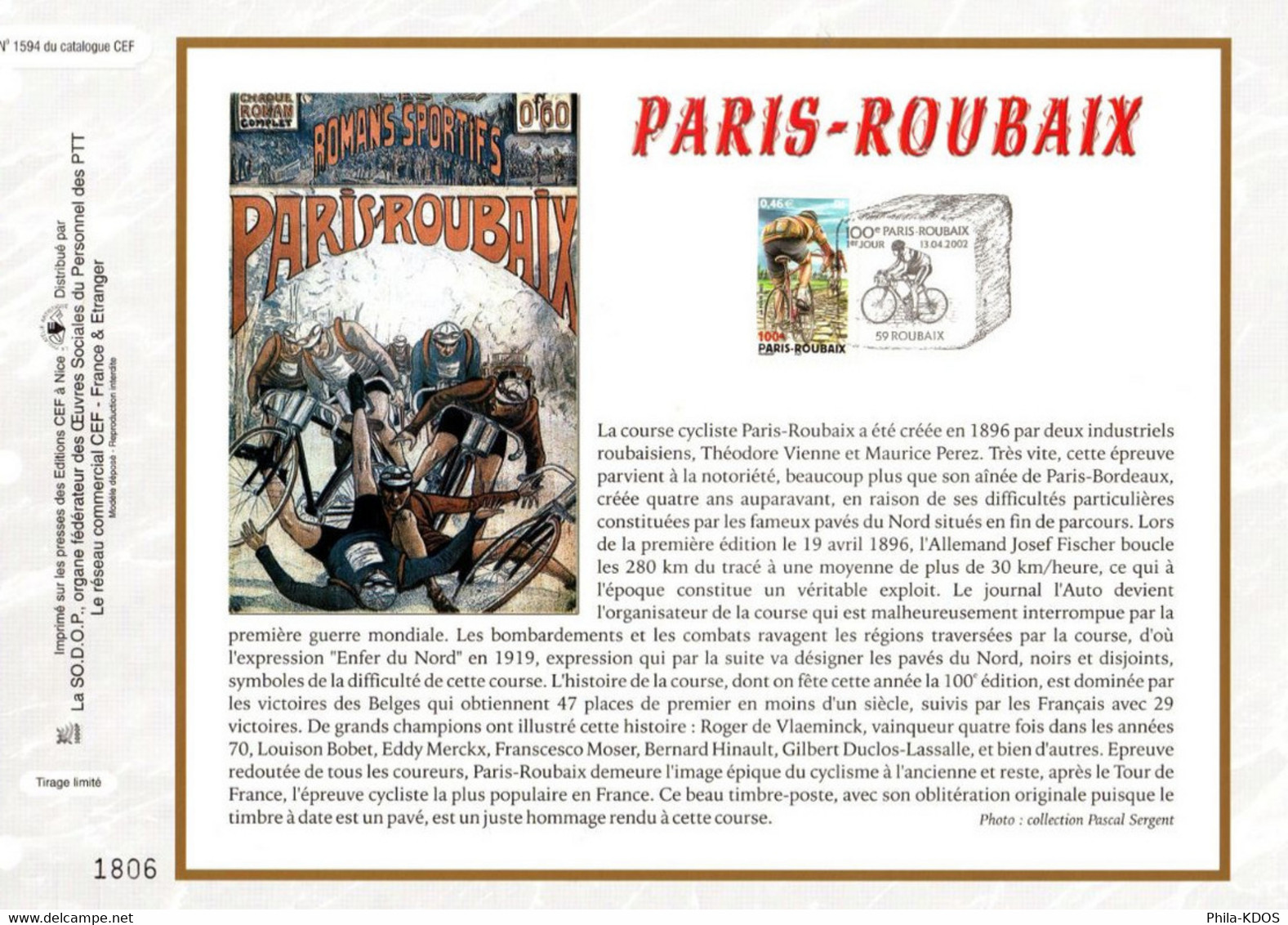 &#9989; " PARIS-ROUBAIX " Sur Feuillet CEF 1er Jour N°té De 2002. N° YT 3481 Parfait état.FDC - Cyclisme