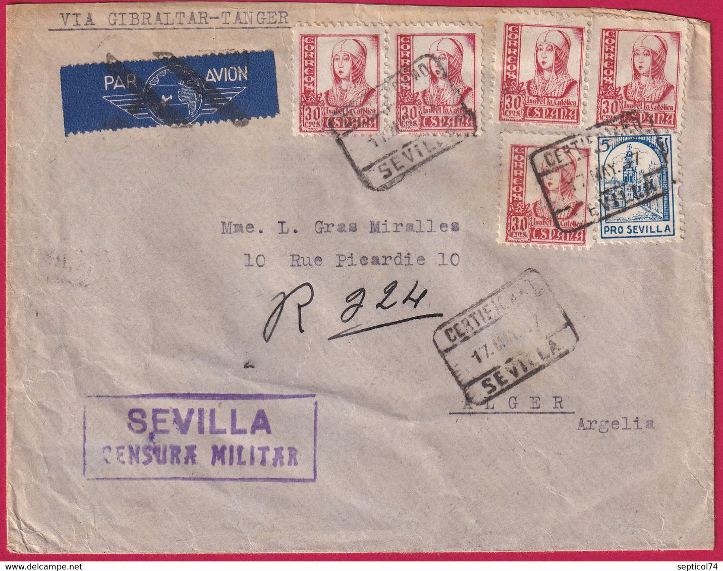 GUERRE ESPAGNE CENSURE CENSOR CENSURA SEVILLA 1937 ALGER ALGERIE - Nationalists Censor Marks