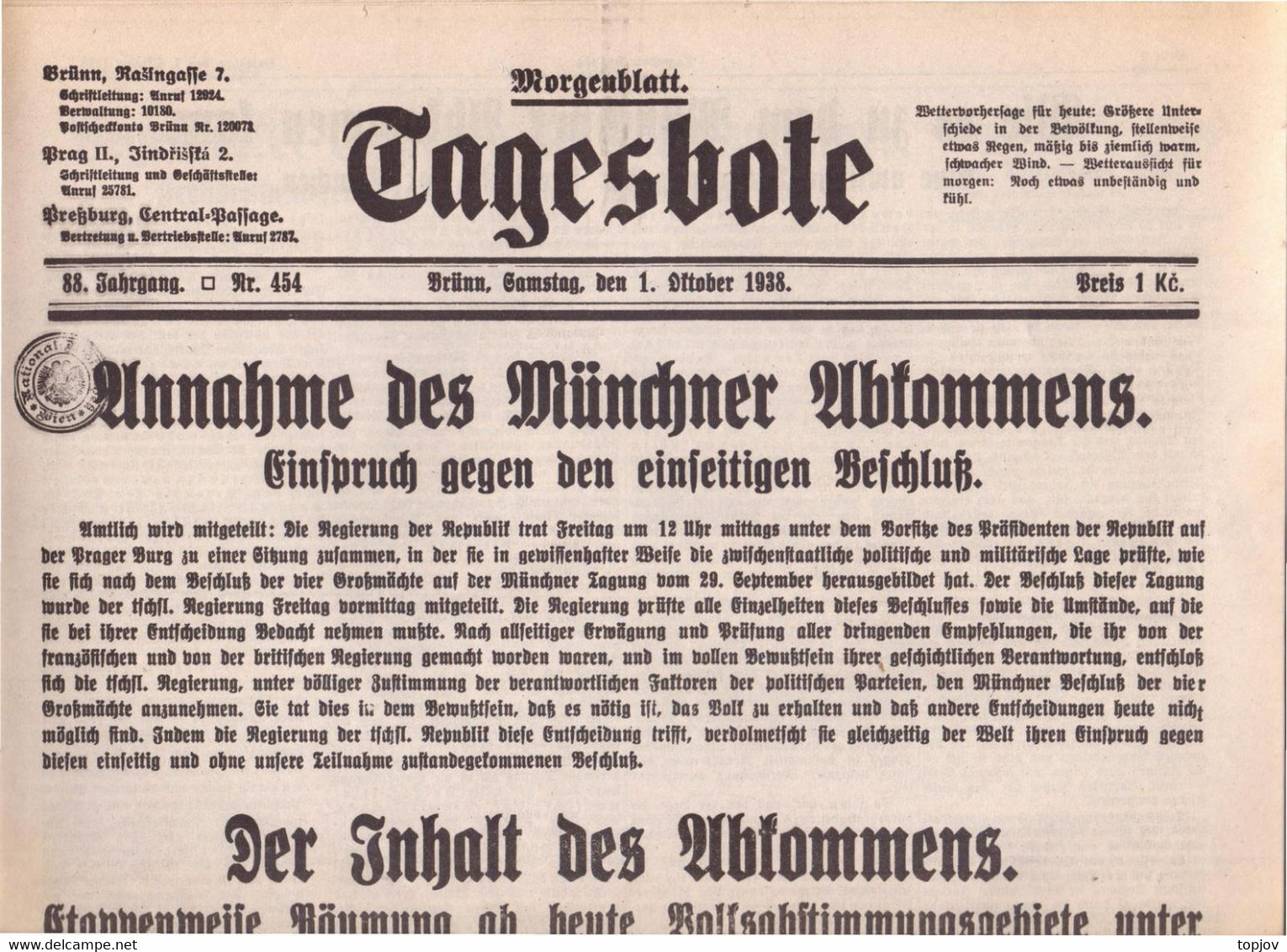 CZECHOSLOVAKIA - MORGENBATT  TAGESBOTE - KRIEG - BRÜN  BRNO - Komplette Zeitung - 1938 - Allgemeine Literatur