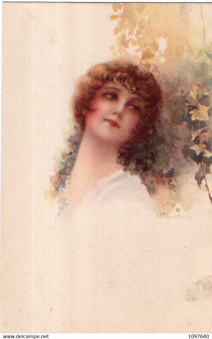 Carte Signée C.MONESTIER. Jeune Femme, Feuillage - Monestier, C.