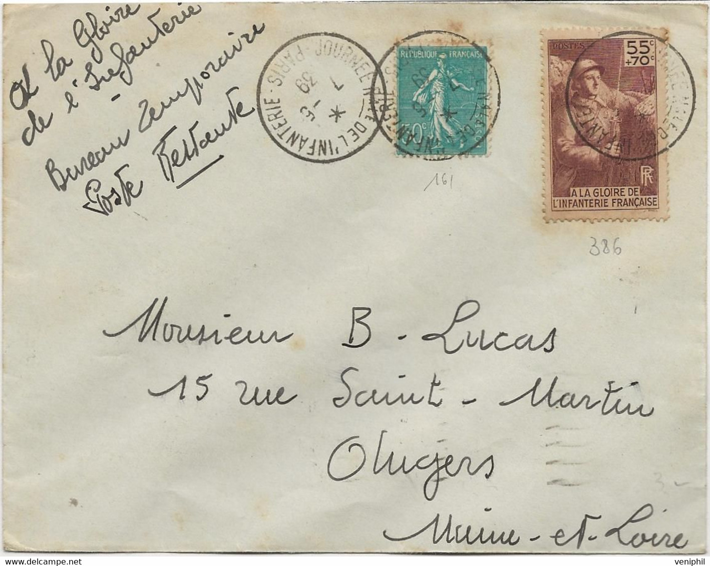 LETTRE AFFRANCHIE N° 161 + N° 386 -OBLITERATION JOURNEE NALE DE L'INFANTERIE -PARIS - 1939 - Military Postmarks From 1900 (out Of Wars Periods)