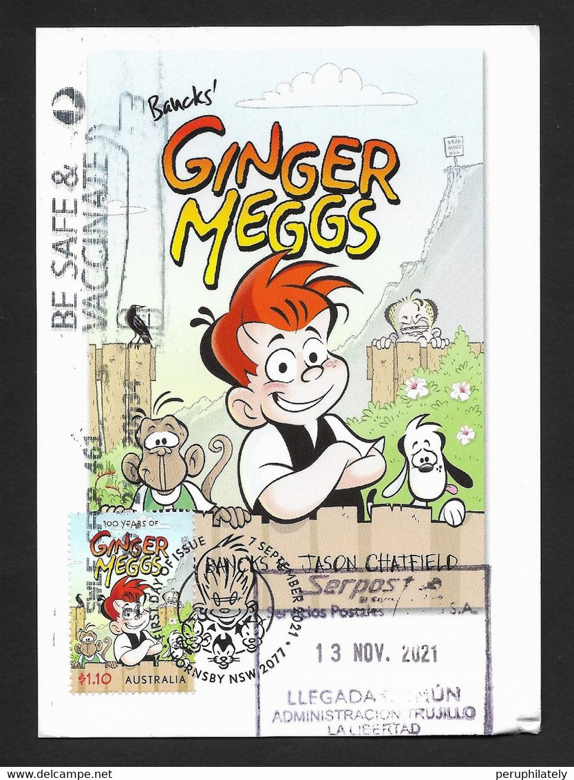 Australia Ginger Meggs Maxicard With Vaccination Postmark Sent To Peru - Oblitérés