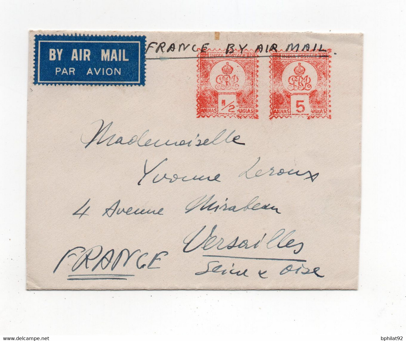 !!! INDES ANGLAISES, LETTRE PAR AVION DE BOMBAY DE 1939 POUR LA FRANCE, AFFRANCH MECANIQUE - 1936-47  George VI