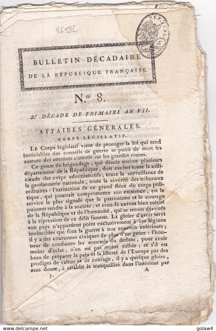 26582# JOURNAL COMPLET BULLETIN DECADAIRE DE LA REPUBLIQUE FRANCAISE 1799 TIMBRE FISCAL HUMIDE 5 Centimes 85 NOIR HUMIDE - Newspapers - Before 1800