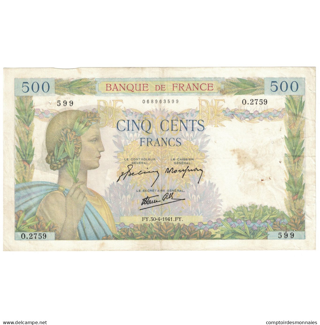 France, 500 Francs, La Paix, 1941, 1941-04-30, TB+, Fayette:32.14, KM:95b - 500 F 1940-1944 ''La Paix''