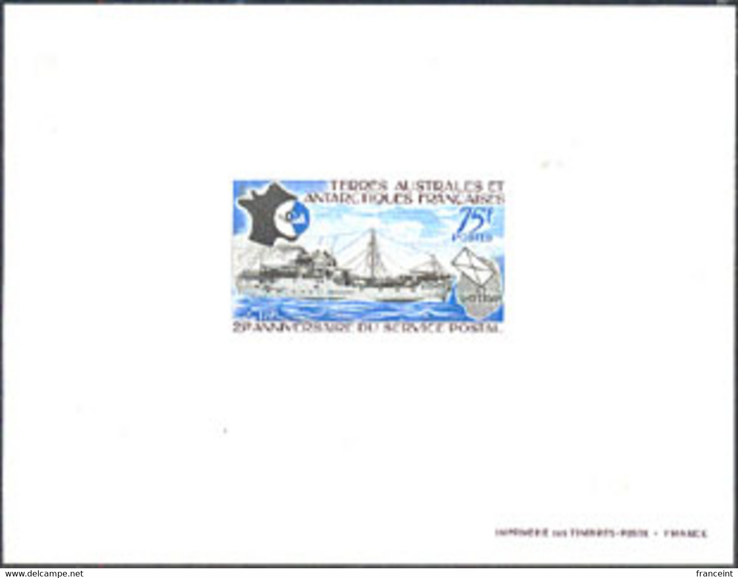 F.S.A.T.(1974) Ship Delivering Mail. Deluxe Sheet. 25th Anniversary Of Postal Service. Scott No 57, Yvert No 54. - Non Dentelés, épreuves & Variétés