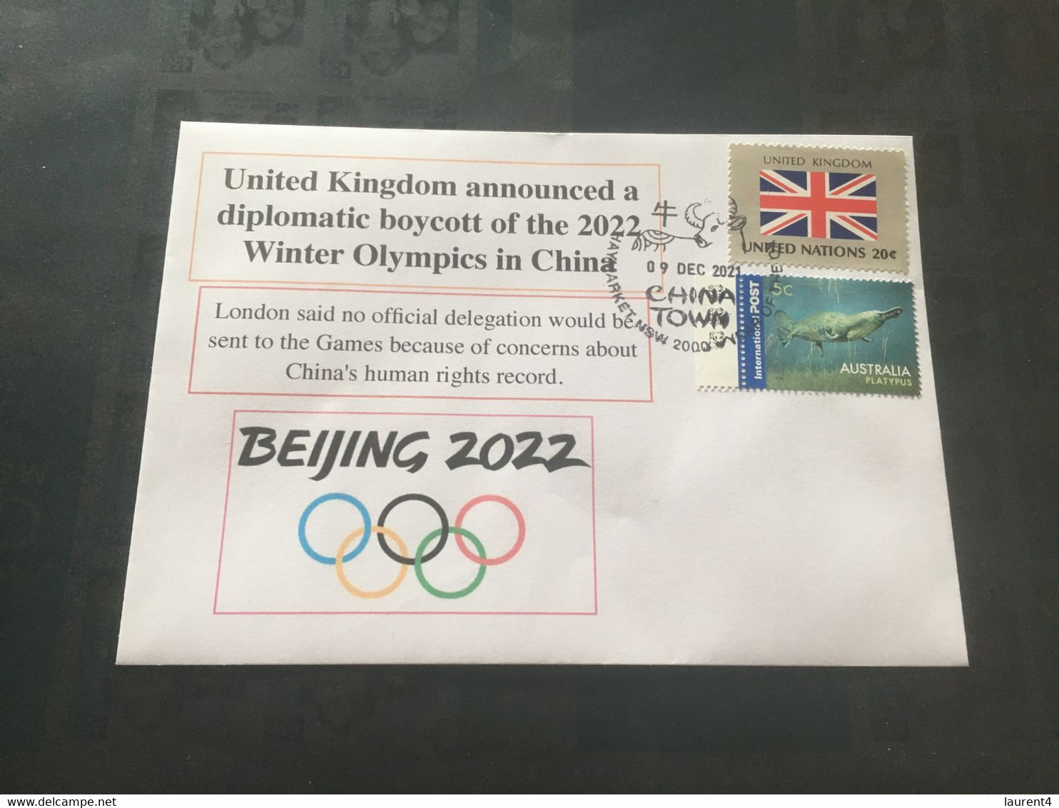 (5 D 11) 9-12-2021 - UK Diplomatic Boycott Of China 2022 Winter Olympic Games Announced (Japan Flag UN Stamp) - Winter 2022: Beijing