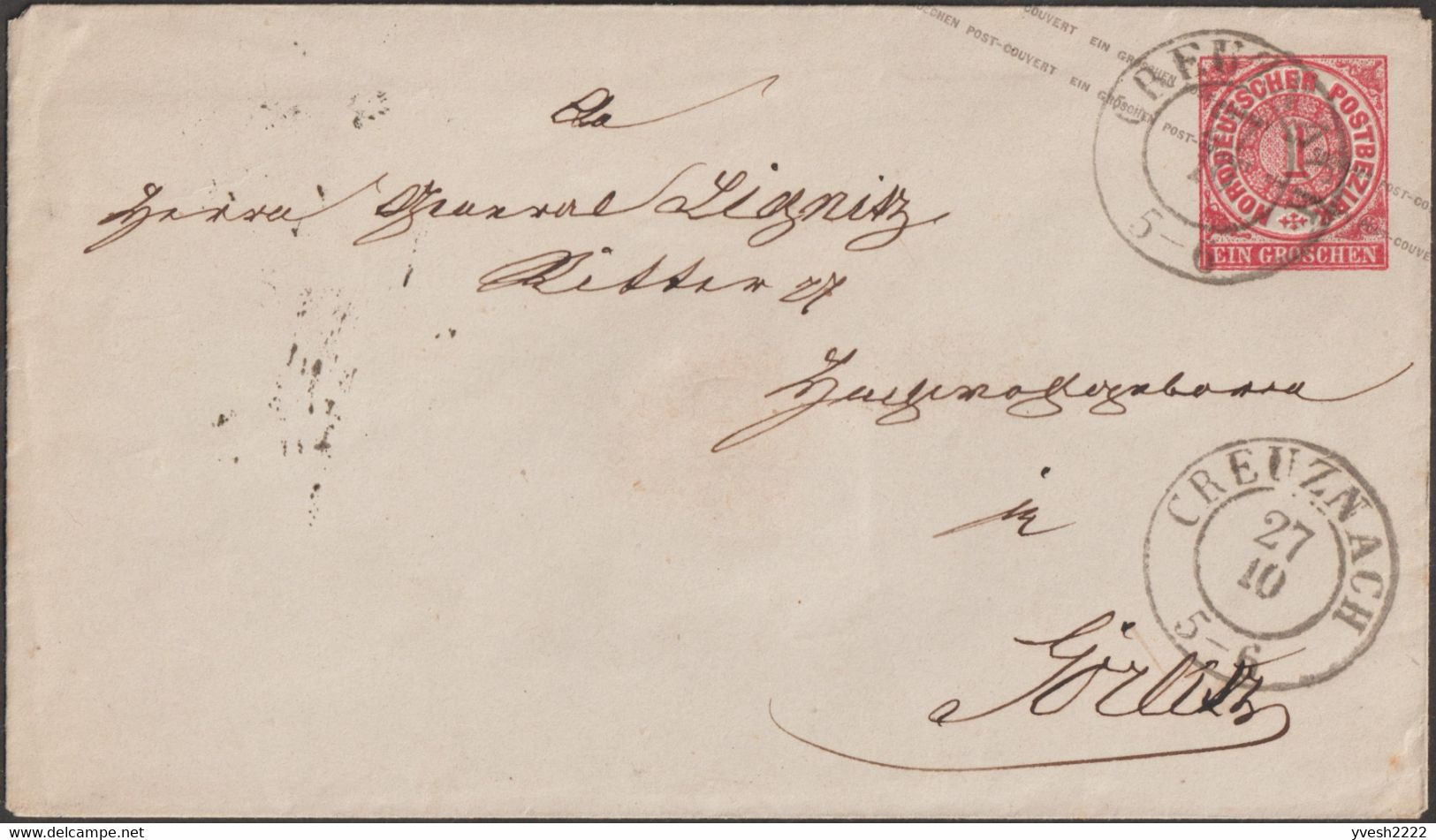 Allemagne Du Nord 1868. Entier Postal Enveloppe 147x84 Mm, Superbe Oblitération Creuznach, Bad Kreuznach - Ganzsachen