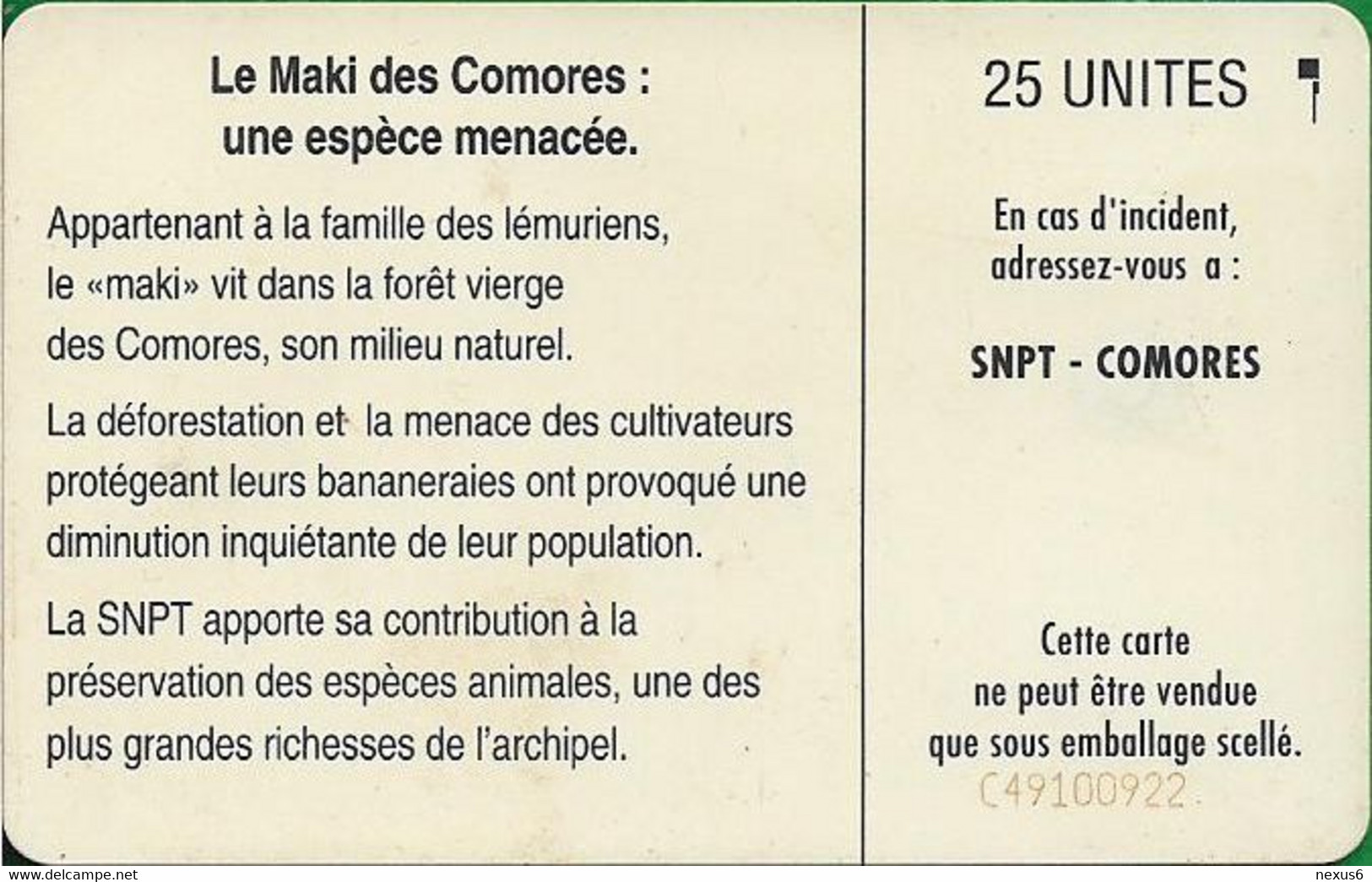 Comoros - S.N.P.T. - Maki (Cn. C49100922), SC5, 1994, 25Units, Used - Comoros