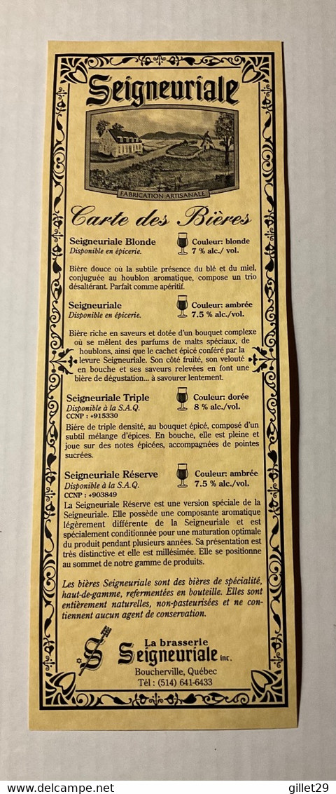 AFFICHE - CARTE DES BIÈRES DU QUÉBEC - LA BRASSERIE SEIGNEURIALE , BOUCHERVILLE - - Posters