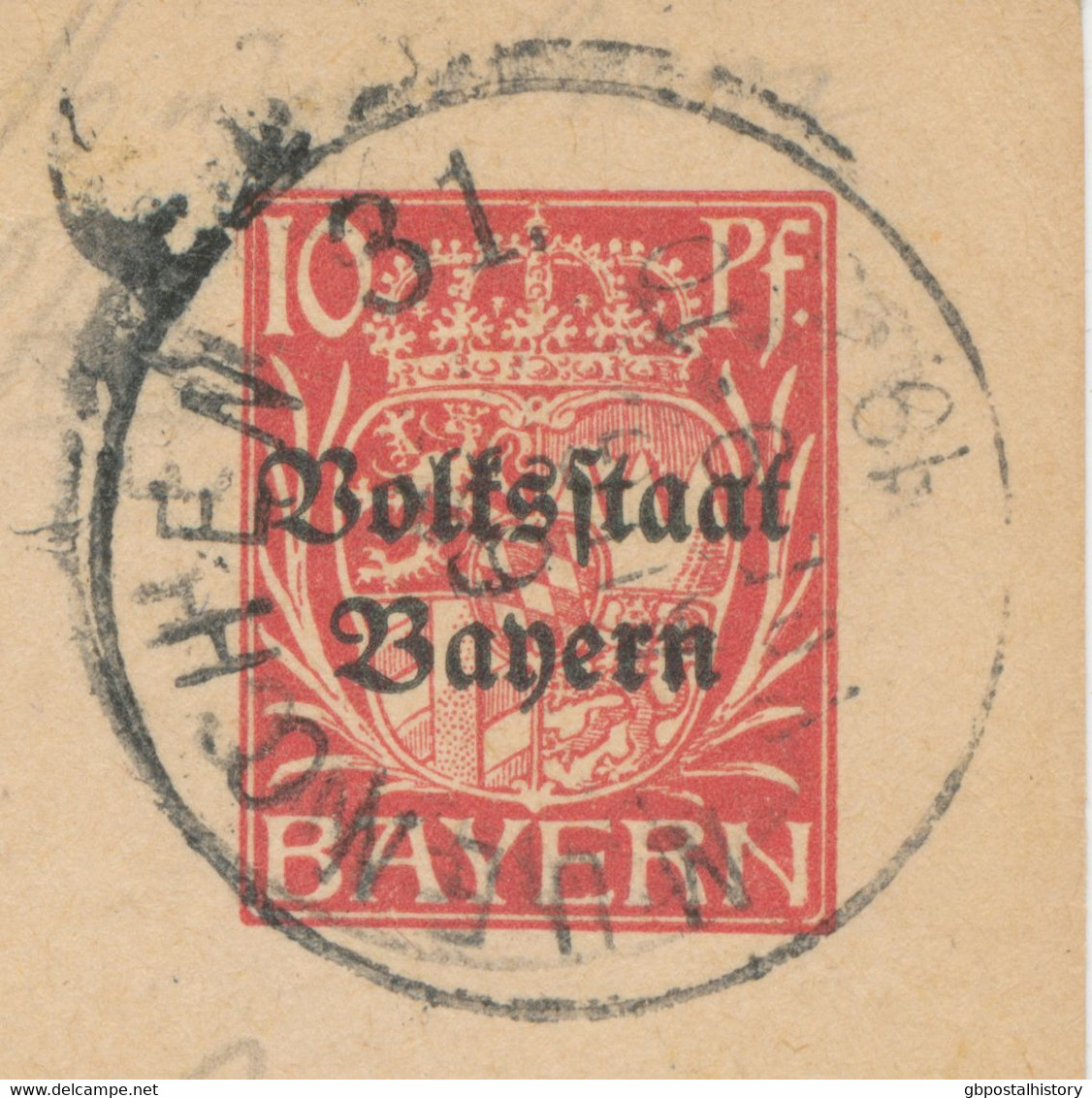 BAYERN ORTSSTEMPEL MUENCHEN 31. K1 (MÜNCHEN) 1919 Auf 10 Pf Wappen Überdruck-GA Volksstaat Bayern - Interi Postali