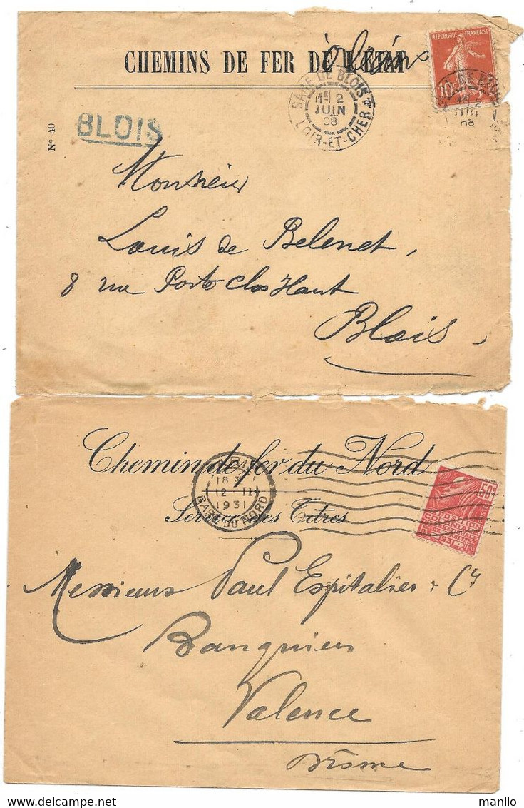 2 Enveloppes En-tête Publicité CHEMINS DE FER DU NORD Service TITRES 1931 Et DE L'ETAT Surchargé En D'ORLEANS 1908 BLOIS - Railway