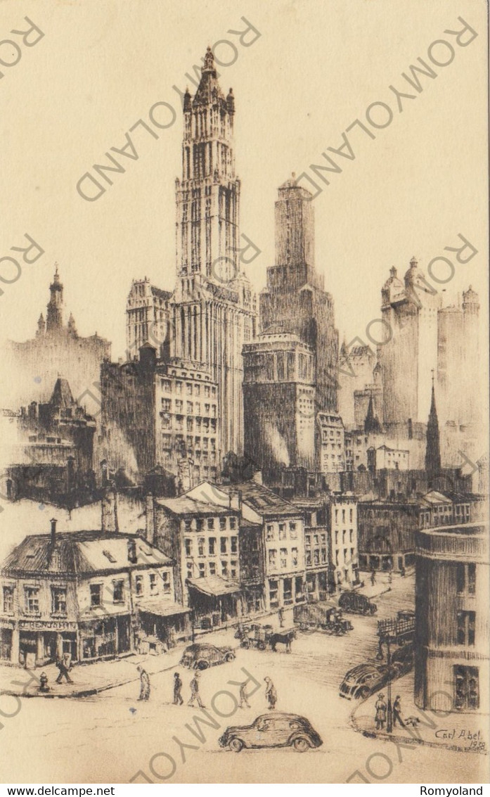 CARTOLINA  NEW YORK CITY,N.Y,STATI UNITI,THE WOOLWORTH BUILDING IS SEEN ON BROADWAY FROM DEY STREET,NON VIAGGIATA - Panoramic Views