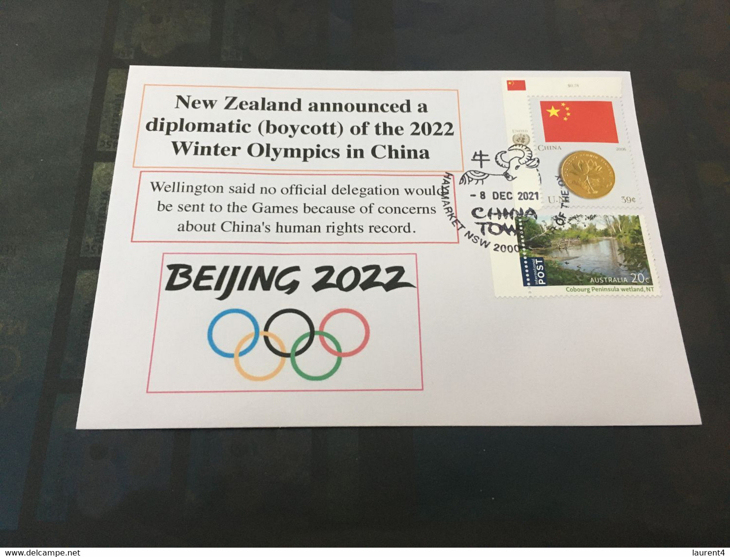 (5 D 21) 9-12-2021 - New Zealand Diplomatic (boycott) Of China 2022 Winter Olympic Games Announced (China Flag UN Stamp) - Winter 2022: Beijing