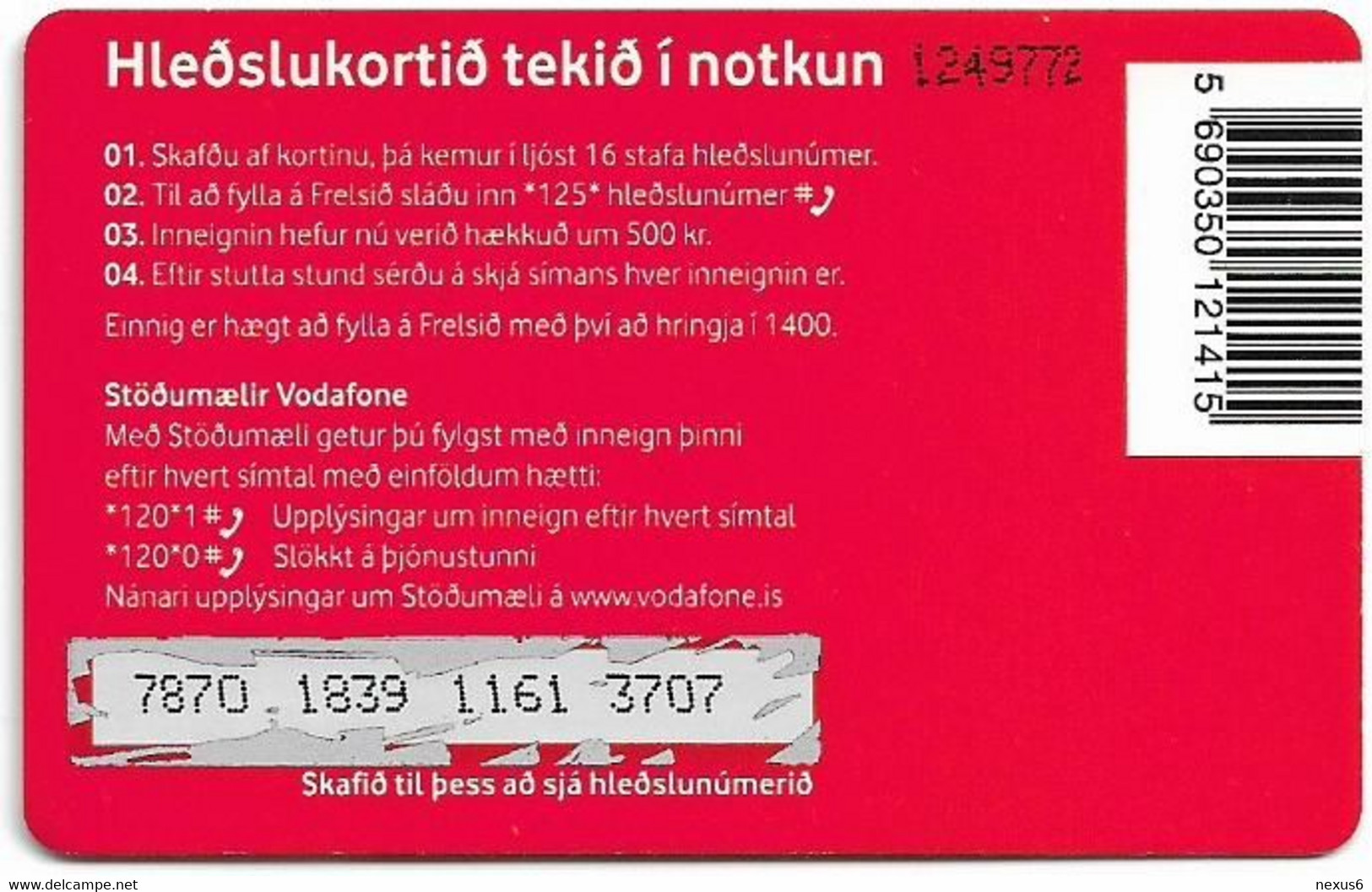 Iceland - Vodafone - Red, GSM Refill 500Kr, Used - Islande