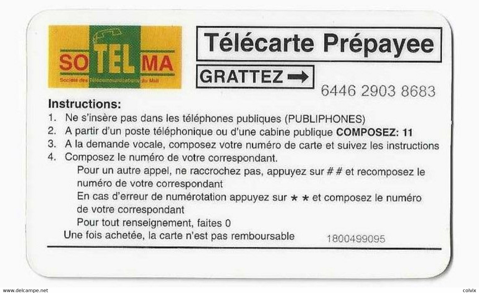 MALI RECHARGE SOTELMA 60U AU VERSO (ligne Une Fois Achetée, La Carte N'est Pas Remboursable) AU DESSUS DU TRAIT - Mali