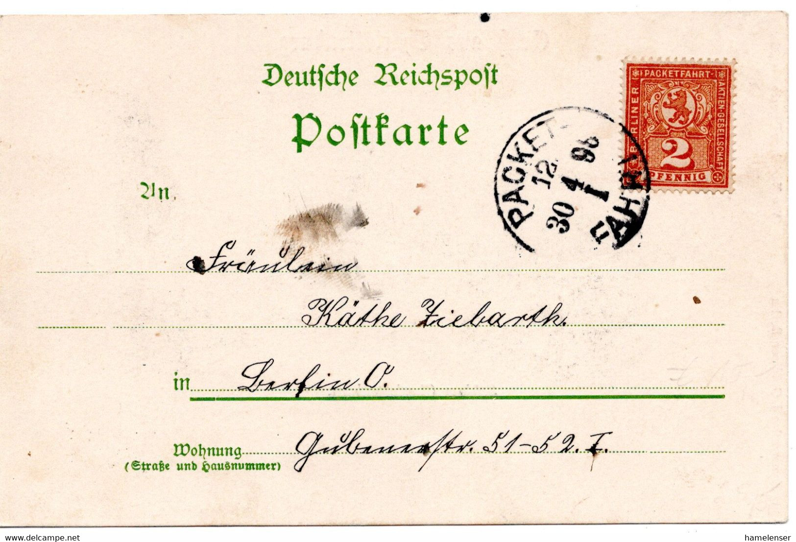 55931 - Deutsches Reich / Privatpost / Packetfahrt Berlin - 1896 - 2Pfg. EF A. AnsKte. PACKET-FAHRT -> Berlin - Privatpost