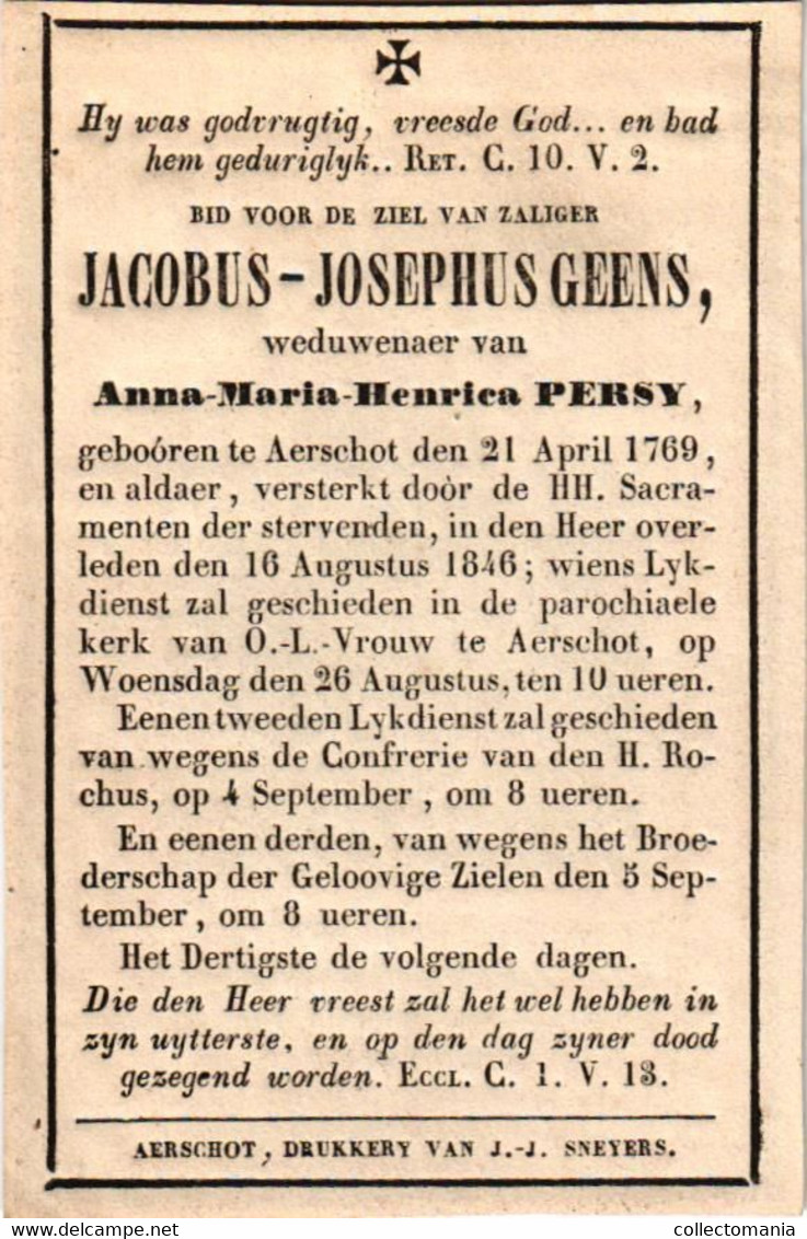 1 Litho Jacobus Josephus Geens Weduwenaer   Anna M H Persy  Aerschot 1769 Overleden 1846 Kerk O L Vrouw Te Aerschot - Esquela