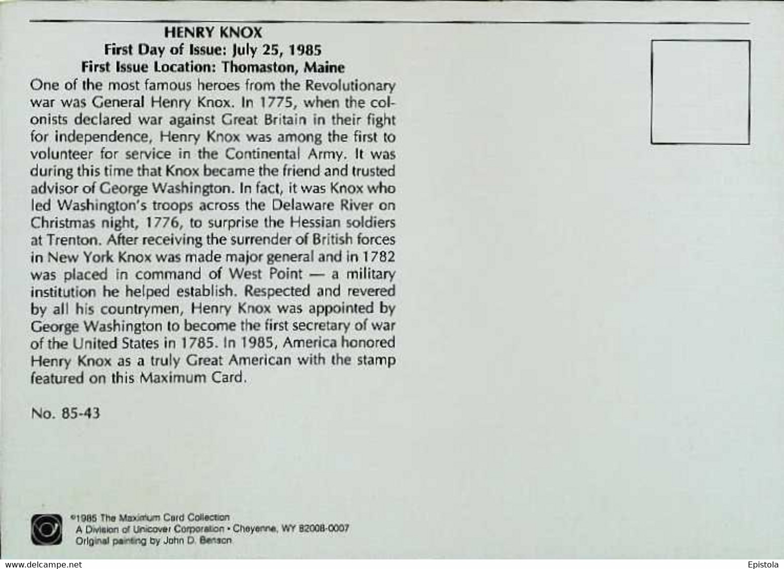 ► USA  Thomastone ,Maine  General HENRY KNOX  (Revolutionary War) - 1985 Maximum Card - FDC  First Day - Cartas Máxima