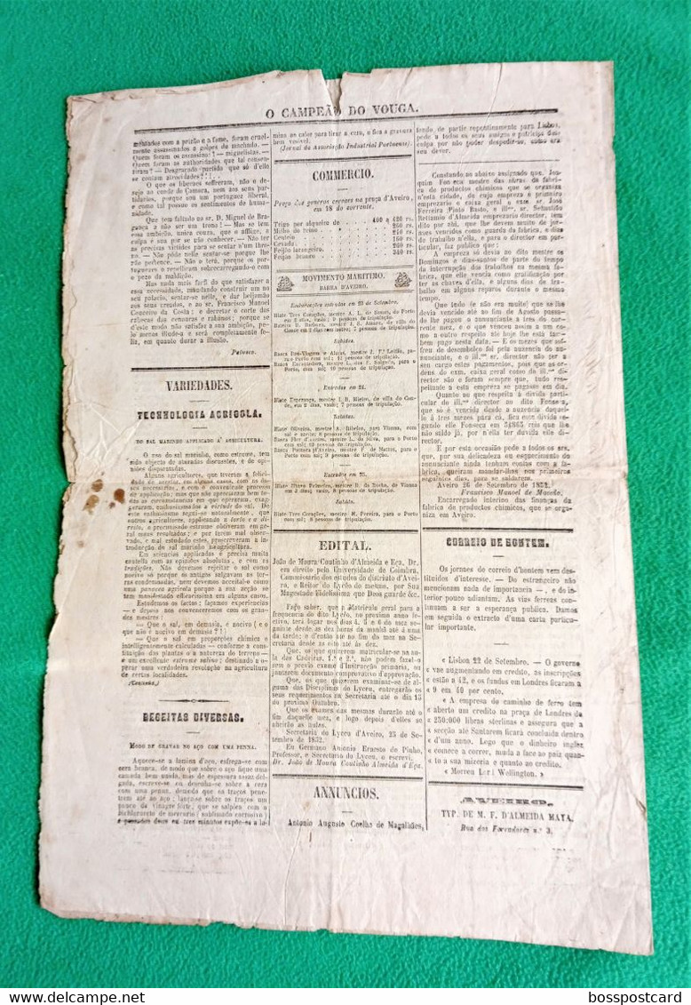 Angeja  - Aveiro - Montemor-o-Velho -Coimbra - Jornal  O Campeão Do Vouga Nº 48, 26 De Setembro De 1852 - Portugal - General Issues