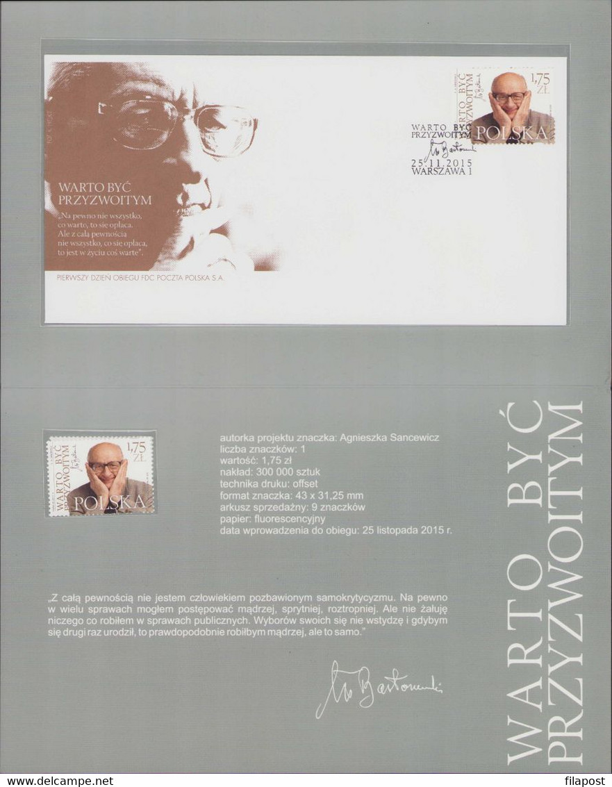 Poland 2015 Booklet, It Is Worth Being Decent Wladyslaw Bartoszewski Historian Publicist Journalist, FDC + Stamp MNH** - Libretti
