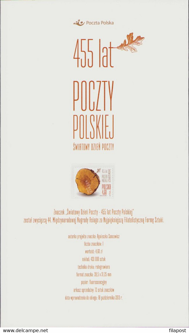 POLAND 2013 Booklet / World Post Day - 455 Years Of The Polish Post, Oak Tree Trunk / Postcard + FDC + Stamp MNH** - Markenheftchen