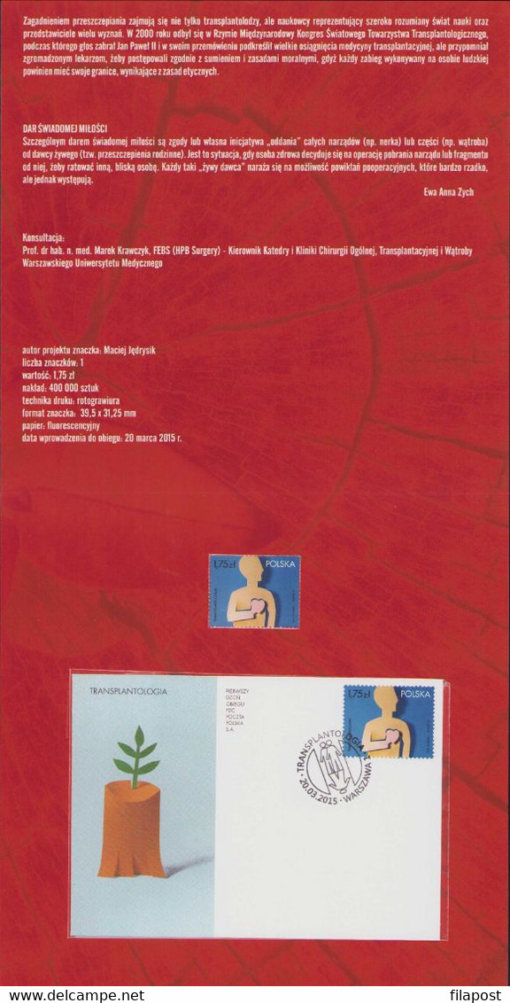 2015 Poland Souvenir Booklet / Mi 4756 Transplantology, Heart, Surgery, Medicine, Health / With FDC And Stamp MNH** - Libretti