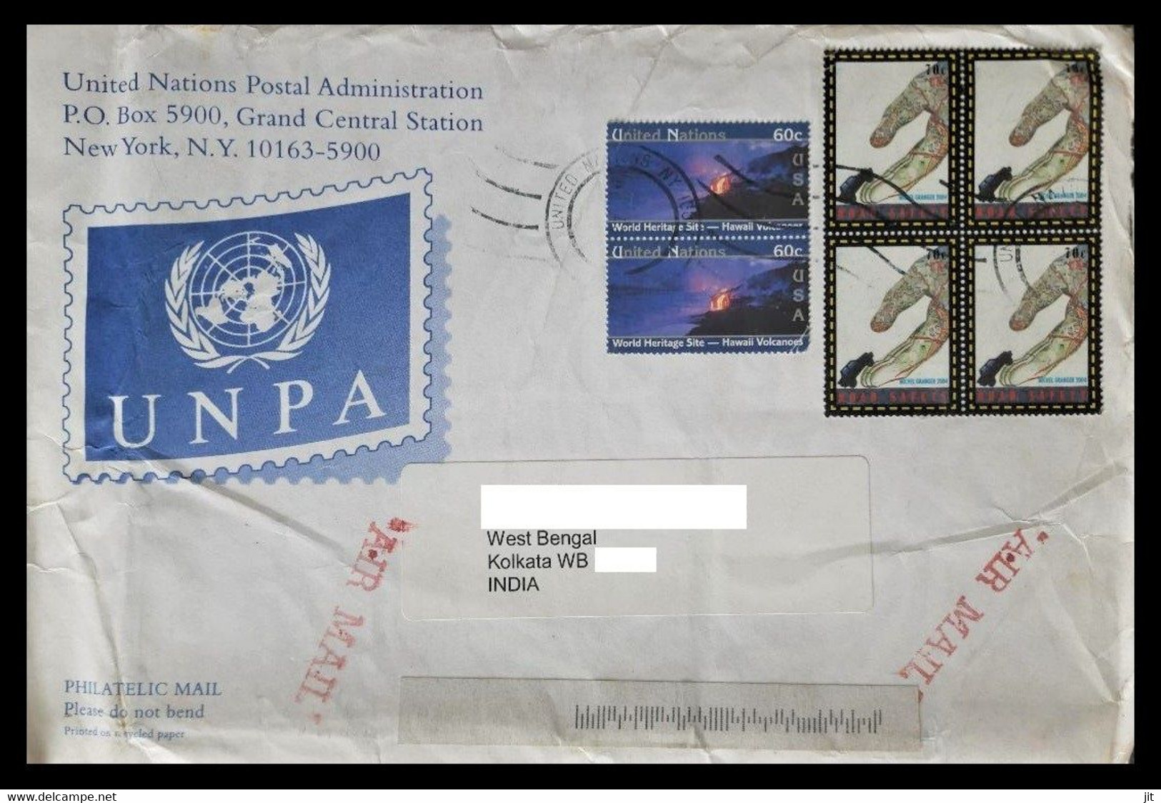 165.UNITED NATIONS 2008 USED COVER TO INDIA WITH STAMPS ,WORLD HERITAGE SITES, ROAD SAFETY. - Covers & Documents