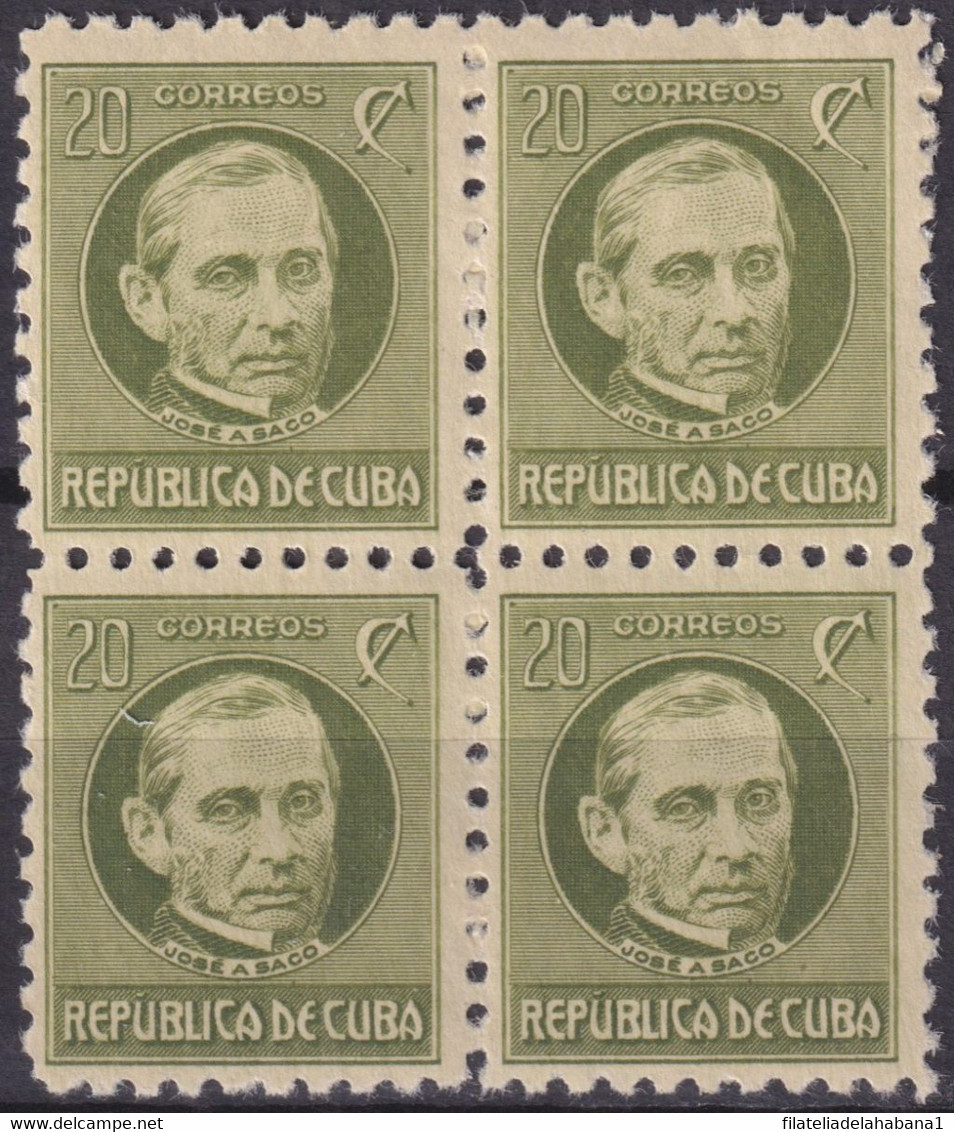 1917-394 CUBA REPUBLICA 1917 20c PATRIOT JOSE ANTONIO SACO BLOCK 4 ORIGINAL GUM. - Nuovi