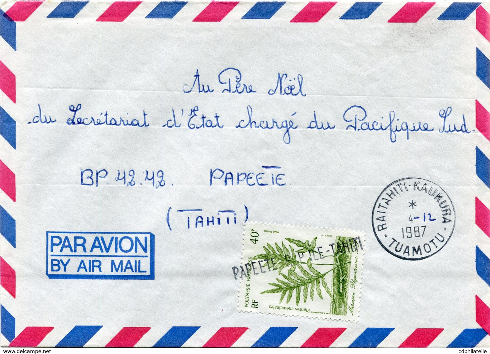 POLYNESIE LETTRE PAR AVION DEPART RAITAHITI-KAUKURA 4-12-1987 TUAMOTU POUR LA POLYNESIE - Brieven En Documenten