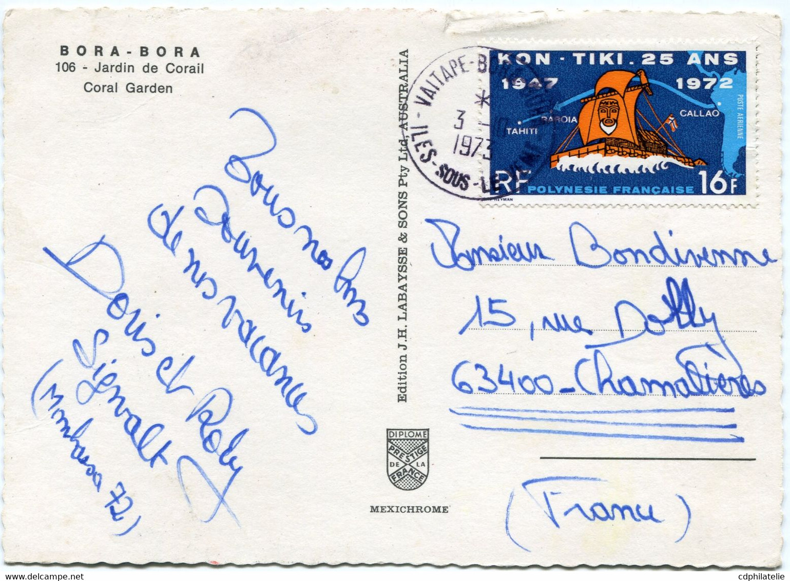 POLYNESIE CARTE POSTALE DEPART VAITAPE-BORA-BORA 3-?-1973 ILES-SOUS-LE-VENT  POUR LA FRANCE - Lettres & Documents