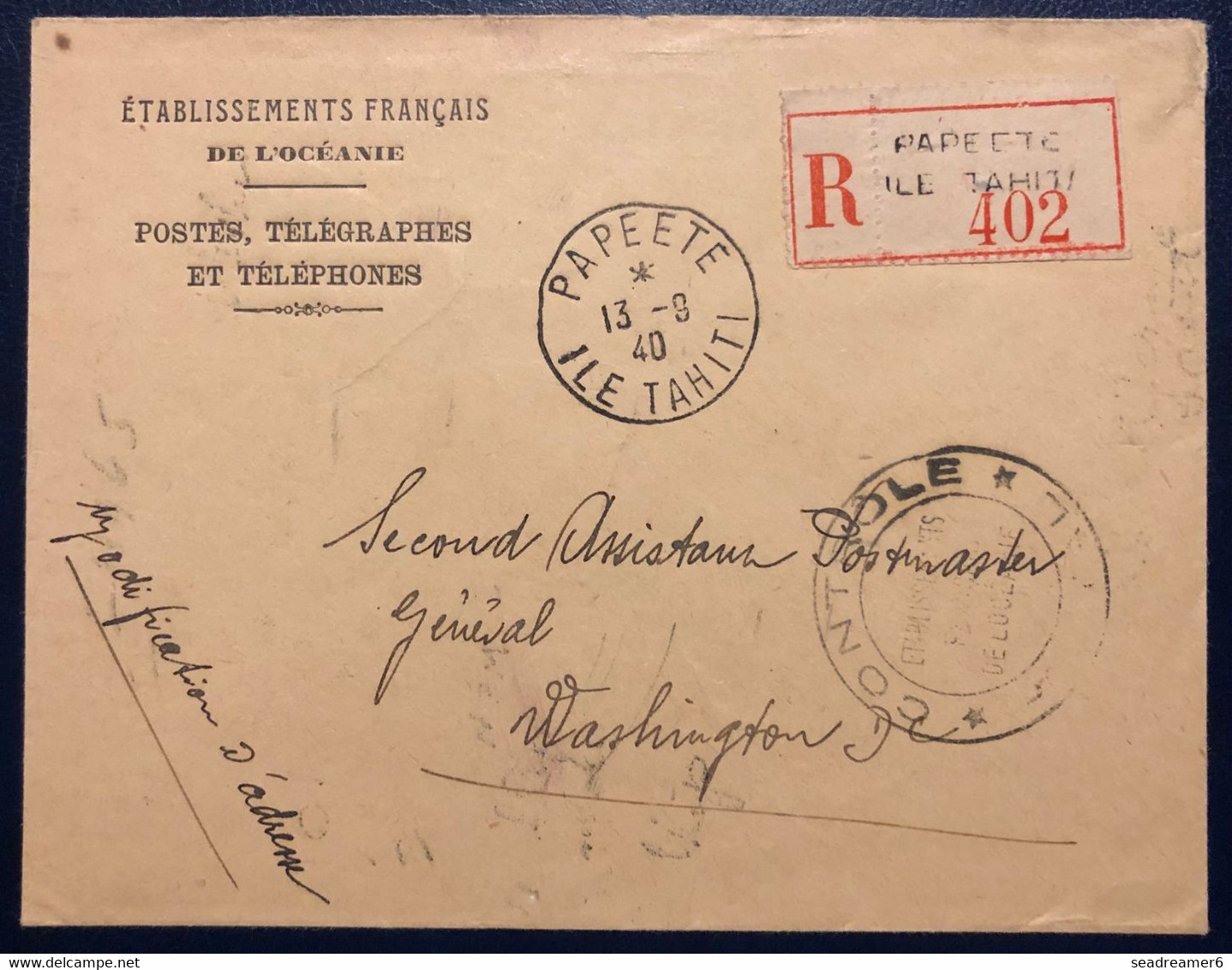 Océanie Lettre Recommandée Des Services Des Postes TAHITI 1940 Dateur De Papeete Pour Washington + Censure TTB - Lettres & Documents