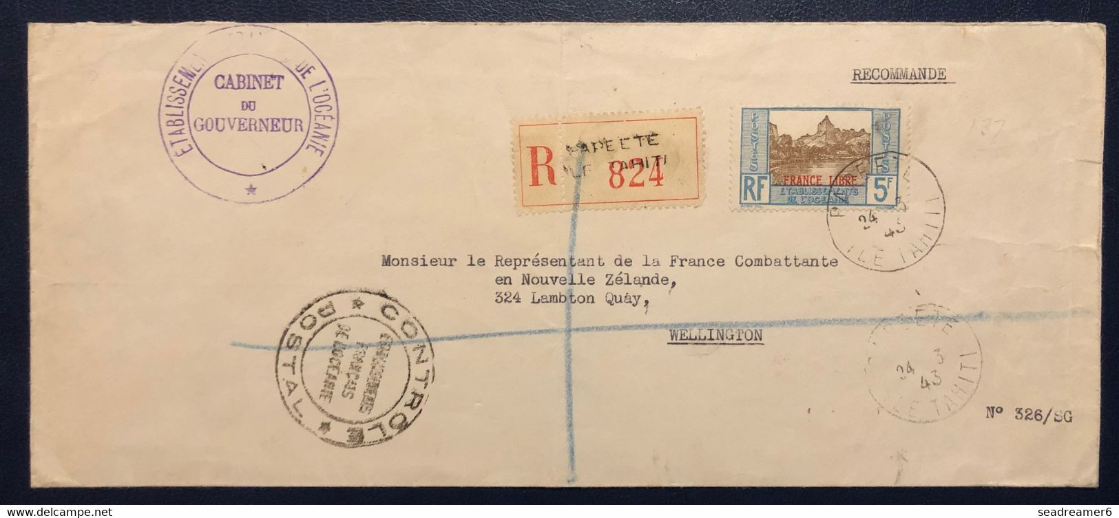 Océanie Lettre Recommandée Du Cabinet Du Gouverneur TAHITI 1943 N°141 Dateur De Papeete Pour Washington + Censure TTB - Covers & Documents