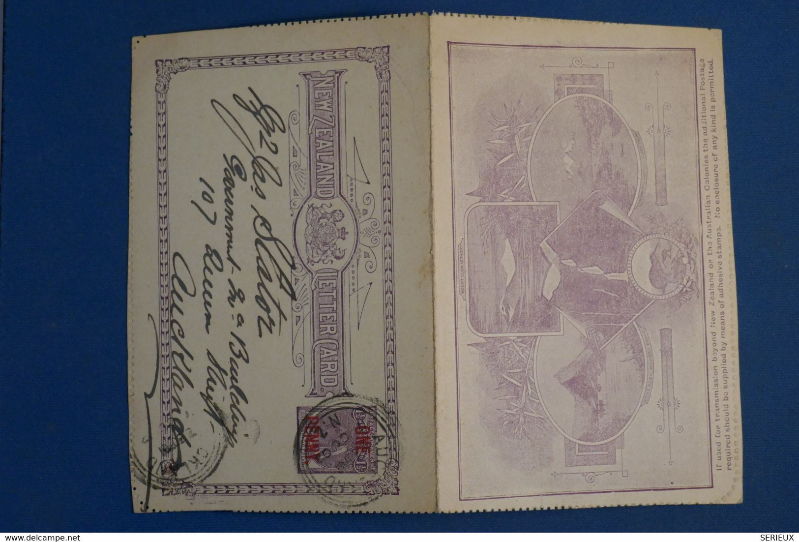 AK5 NEW ZEALAND BELLE CARTE  DOUBLE 1901 AUCKLAND ++++SURCHARGE ROUGE + AFFRANCH.PLAISANT - Covers & Documents