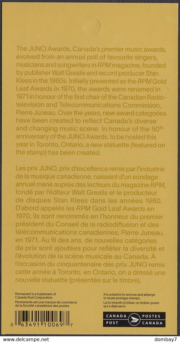 Qc. JUNO MUSIC AWARDS 50th Anniversary = BACK Booklet Page/Pane Of 2 With DESCRIPTION MNH Canada 2021 - Volledige Velletjes