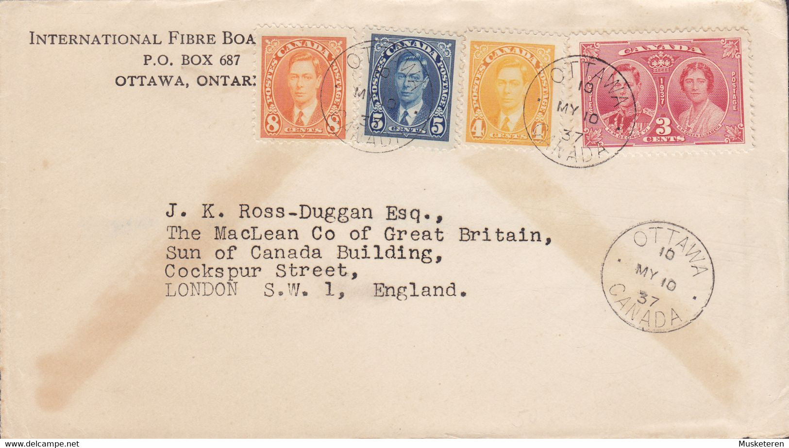 Canada INTERNATIONAL FIBRE BOARD Ltd., Unofficial GVI. Coronation OTTAWA Ontario 1937 FDC Cover Brief LONDON England - ....-1951