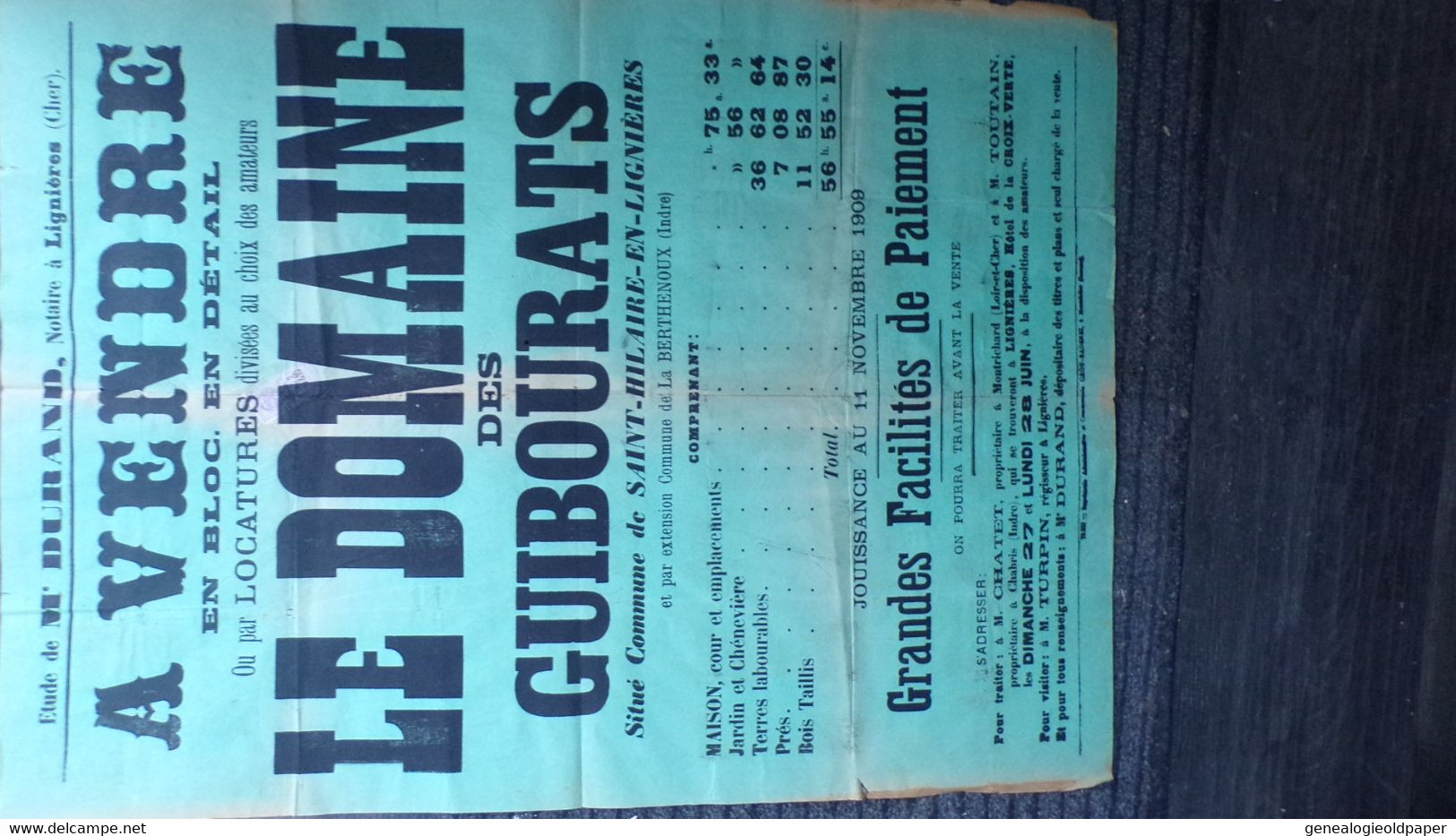 18-LIGNIERES-RARE AFFICHE VENDRE  DOMAINE DES GUIBOURATS-ST SAINT HILAIRE EN LIGNIERES-LA BERTHENOUX INDRE-TURPIN  1909 - Manifesti