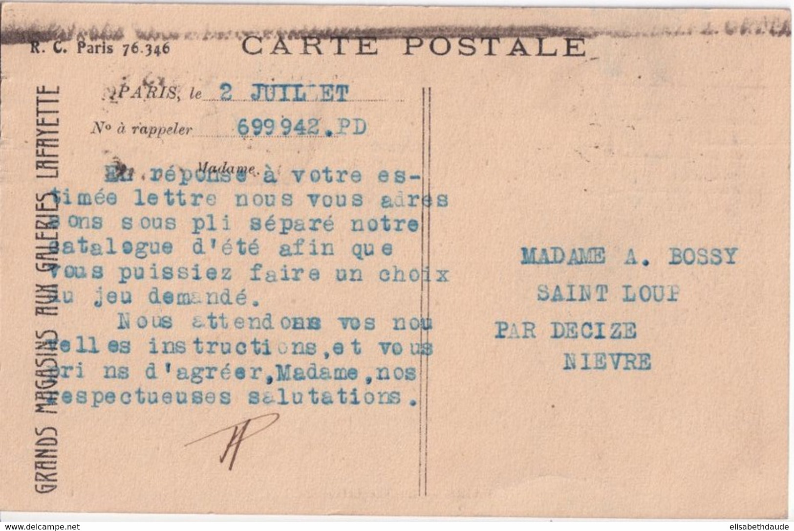 1931 - PERFORE / PERFIN ! - PASTEUR Sur CARTE Des GALERIES LAFAYETTE => SAINT LOUP (NIEVRE) - Sonstige & Ohne Zuordnung