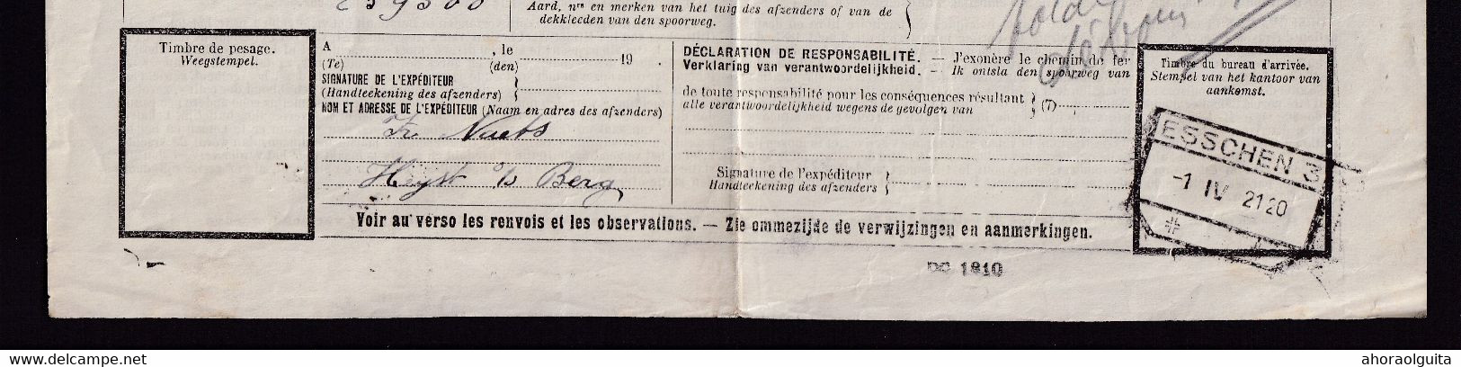 957/27 -- Cachets De Gare De FORTUNE - Lettre De Voiture MALINES NECKERSPOEL 1920 (type 3 étoiles) Vers ESSCHEN - Otros & Sin Clasificación
