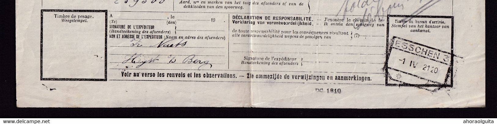 957/27 -- Cachets De Gare De FORTUNE - Lettre De Voiture MALINES NECKERSPOEL 1920 (type 3 étoiles) Vers ESSCHEN - Altri & Non Classificati