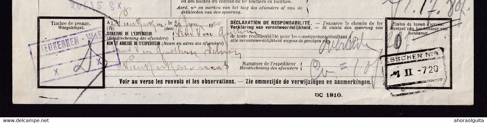 959/27 -- Cachets De Gare De FORTUNE - Lettre De Voiture NIEUKERKEN WAES En 1920 (type 3 étoiles Et Griffe) En Violet - Altri & Non Classificati