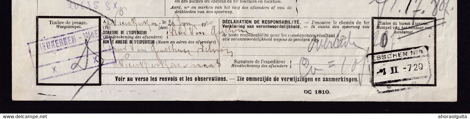 959/27 -- Cachets De Gare De FORTUNE - Lettre De Voiture NIEUKERKEN WAES En 1920 (type 3 étoiles Et Griffe) En Violet - Sonstige & Ohne Zuordnung