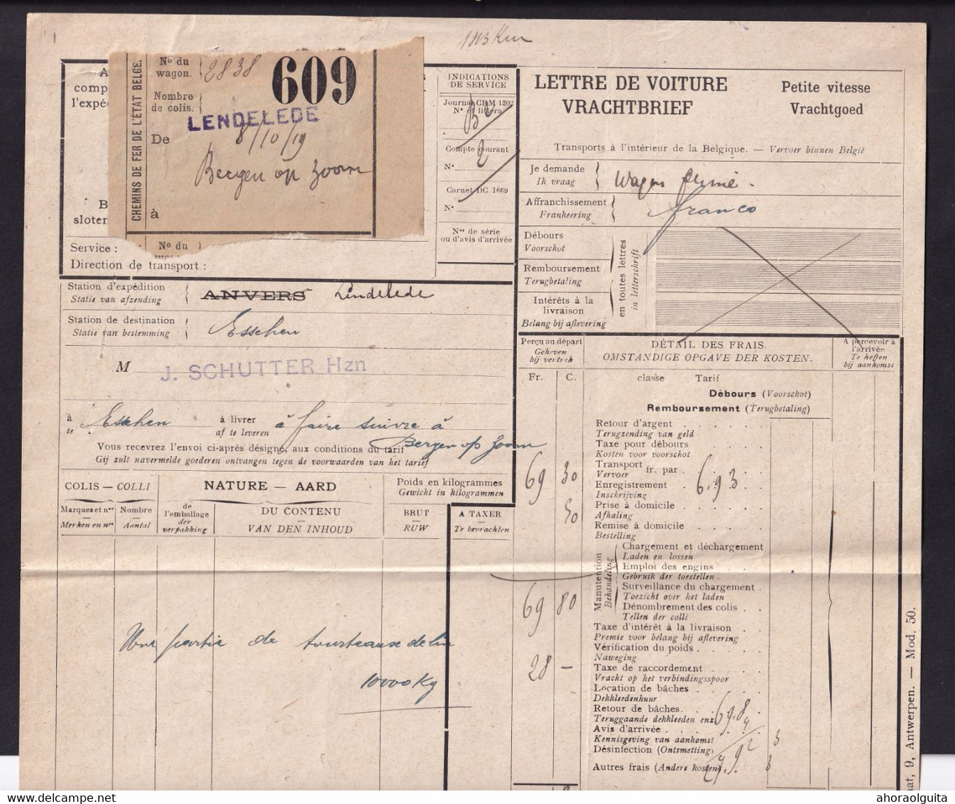 DDAA 764 --  Cachets De Gare De FORTUNE - Lettre De Voiture Griffe Linéaire LENDELEDE 1919 En Violet - Other & Unclassified