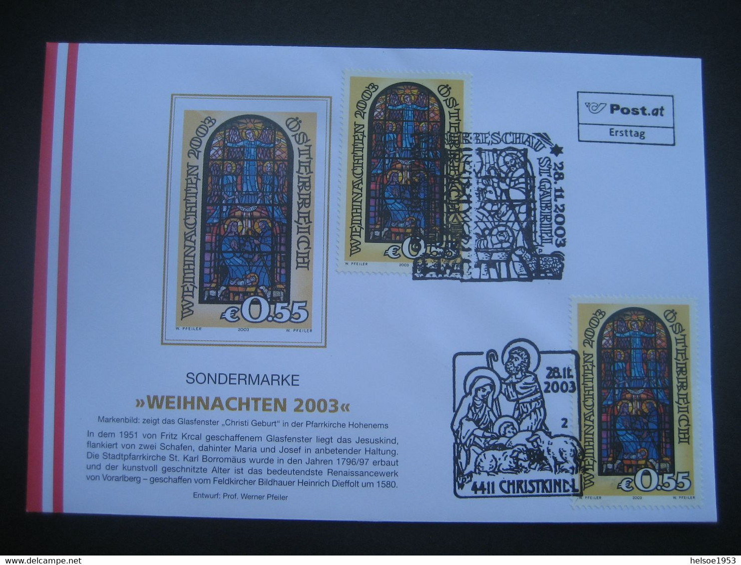 Österreich- Christkindl 28.11.2003, FDC Schmuck-Beleg Mit Sonderstempel Und Stempel St. Gabriel - Briefe U. Dokumente