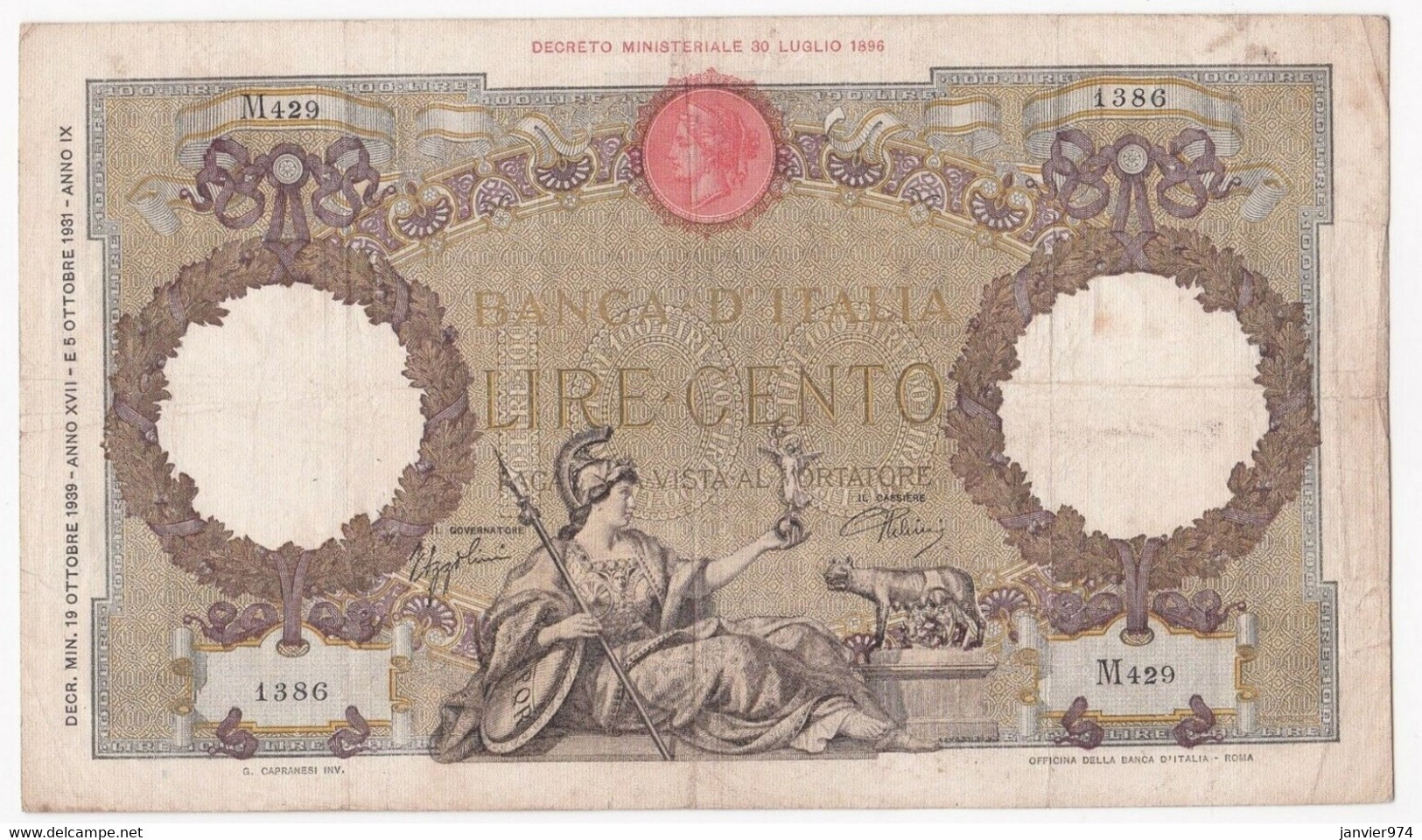 Banca D’Italia. 100 Lire 19 Ottobre 1939. Alphabet M 429, N°1386 - 100 Lire