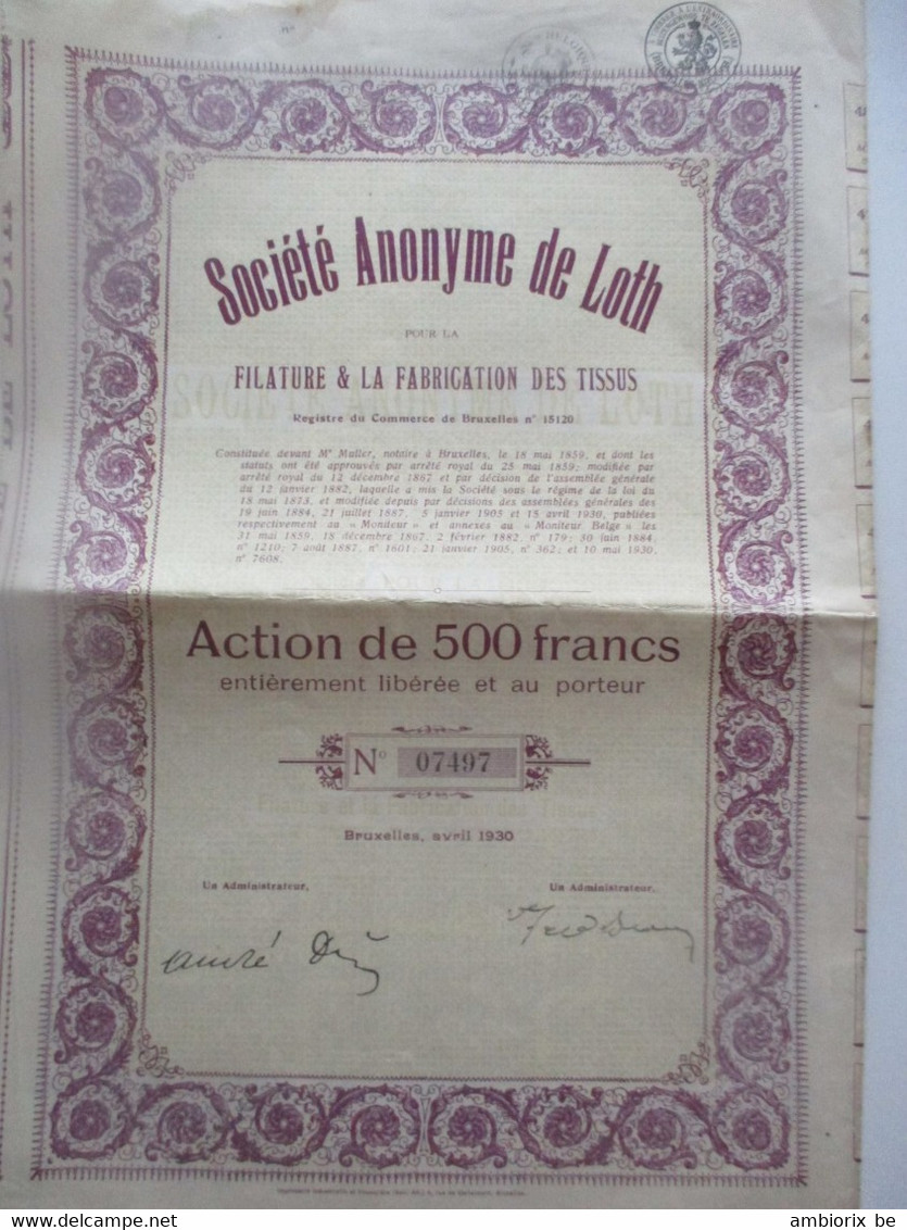 Société Anonyme De Loth  - Bruxelles - Action De 500 Francs Au Porteur - 1930 - Tessili