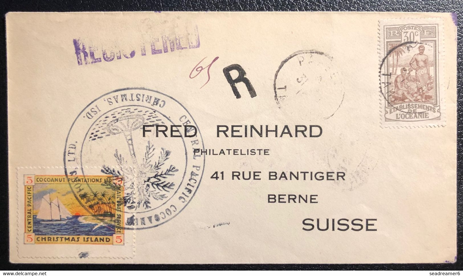 Océanie Lettre Recommandée REINHARD 1918 Mixte Christmas Island Privé 5c (KIRIBATI) + N°29 Obl Papete Pour La Suisse RR - Covers & Documents